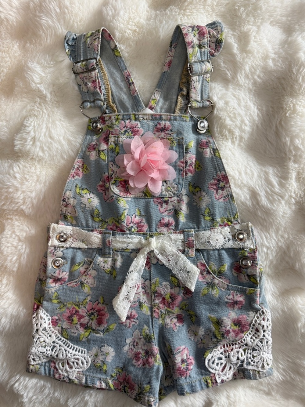 Floral Pink Accent Girls Denim Shortalls Overalls Size 5